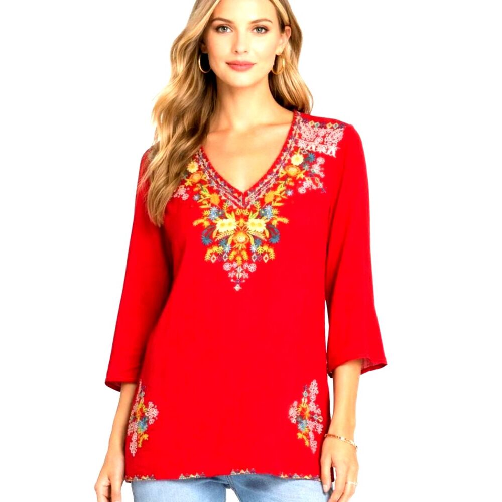 Johnny Was Embroidered Boho Tunic Red Floral Resort Top Size M